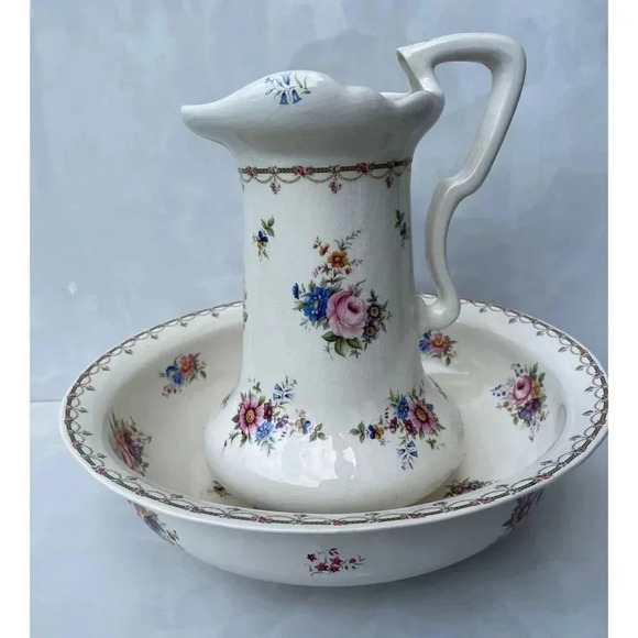 Vintage Ironstone Pitcher and Large Basin Bowl White Pink Flower - Picture 2 of 15